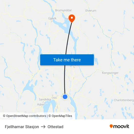 Fjellhamar Stasjon to Ottestad map