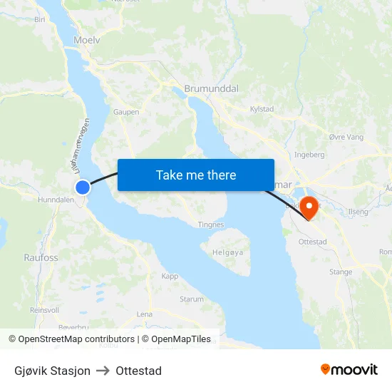 Gjøvik Stasjon to Ottestad map