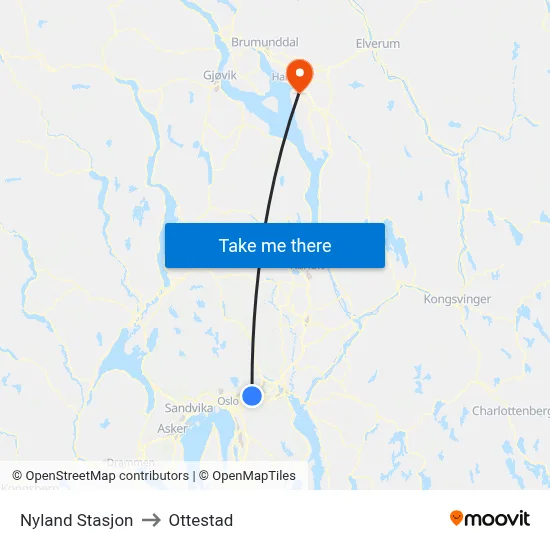 Nyland Stasjon to Ottestad map