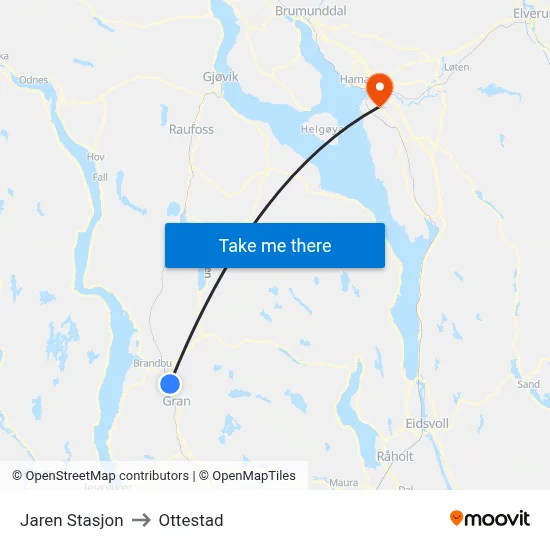 Jaren Stasjon to Ottestad map