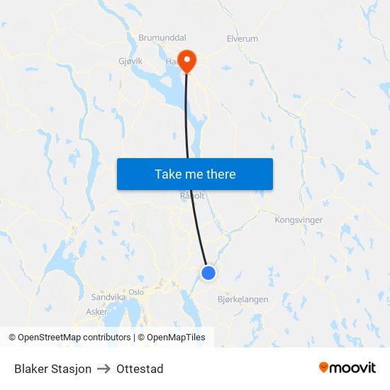 Blaker Stasjon to Ottestad map