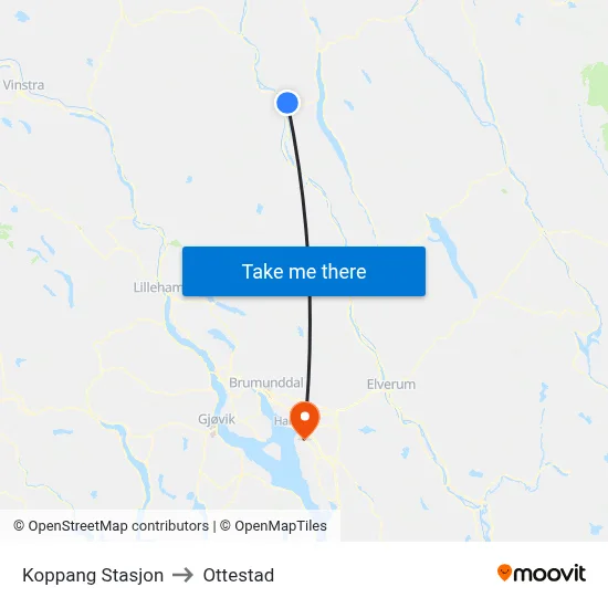 Koppang Stasjon to Ottestad map
