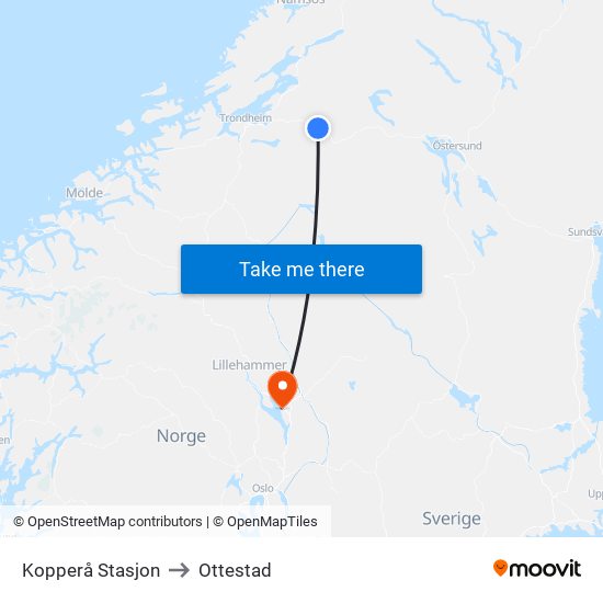 Kopperå Stasjon to Ottestad map