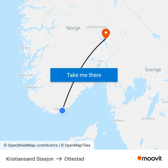 Kristiansand Stasjon to Ottestad map