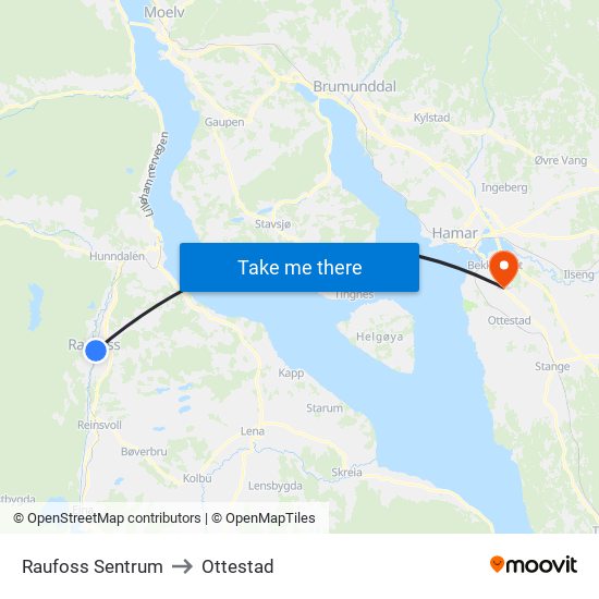 Raufoss Sentrum to Ottestad map