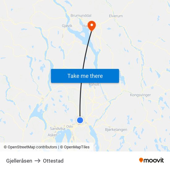 Gjelleråsen to Ottestad map