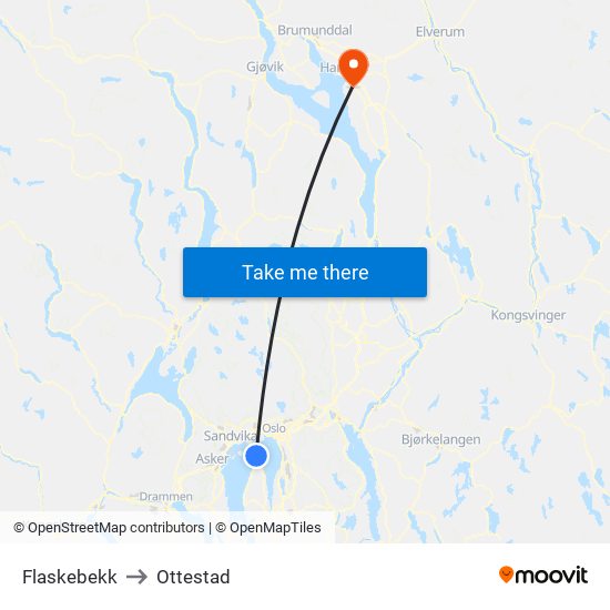 Flaskebekk to Ottestad map