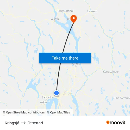 Kringsjå to Ottestad map