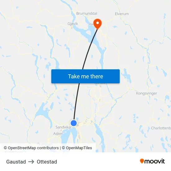 Gaustad to Ottestad map