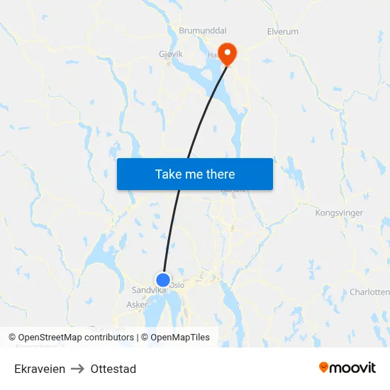 Ekraveien to Ottestad map
