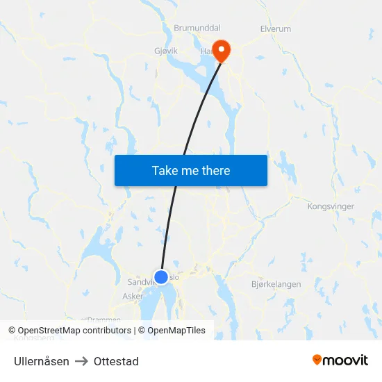 Ullernåsen to Ottestad map