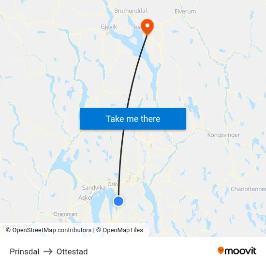 Prinsdal to Ottestad map