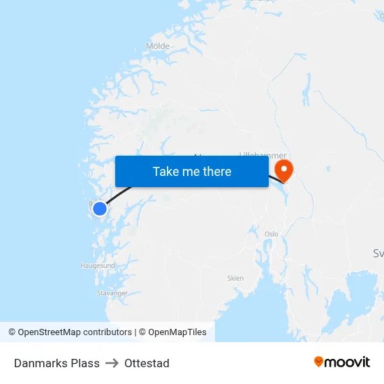 Danmarks Plass to Ottestad map