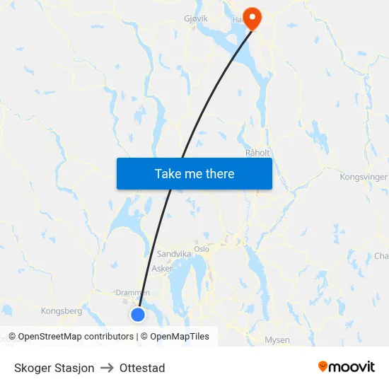 Skoger Stasjon to Ottestad map