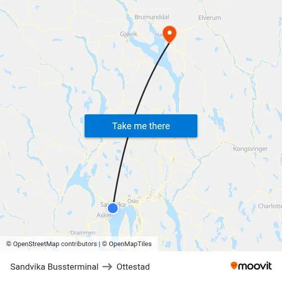 Sandvika Bussterminal to Ottestad map