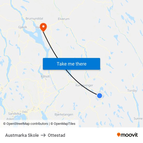 Austmarka Skole to Ottestad map