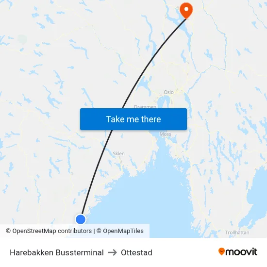 Harebakken Bussterminal to Ottestad map