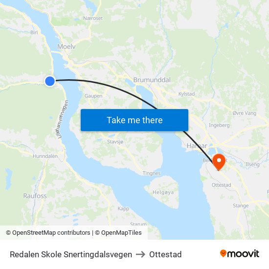 Redalen Skole Snertingdalsvegen to Ottestad map