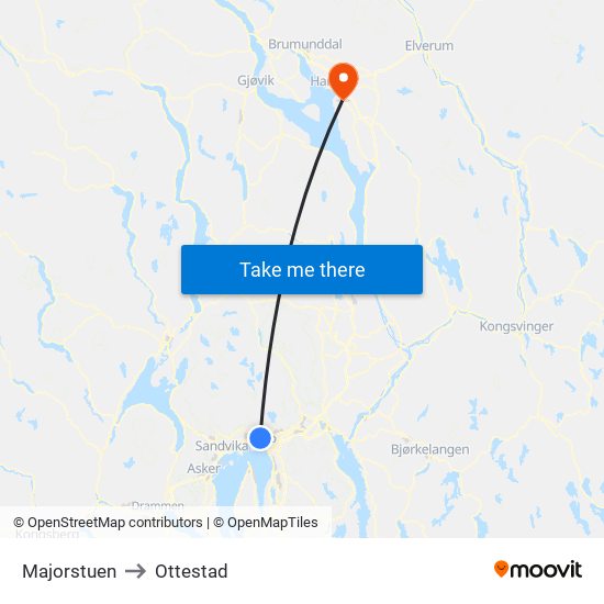 Majorstuen to Ottestad map