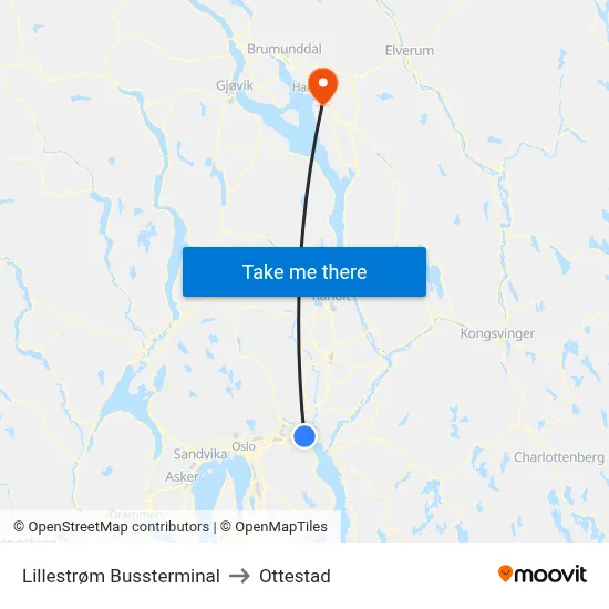 Lillestrøm Bussterminal to Ottestad map