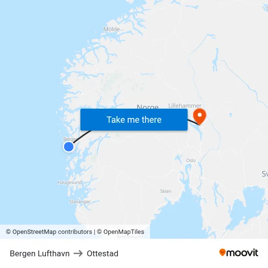 Bergen Lufthavn to Ottestad map