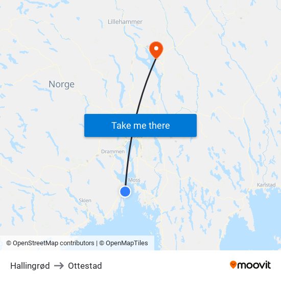 Hallingrød to Ottestad map