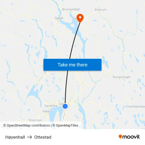 Høyenhall to Ottestad map