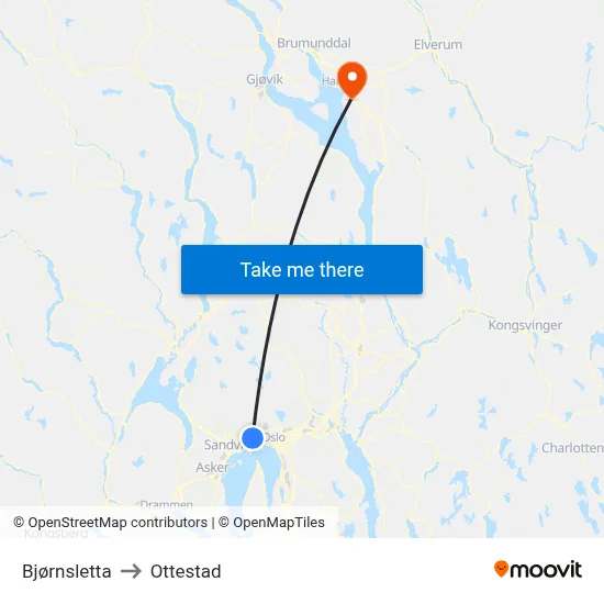 Bjørnsletta to Ottestad map