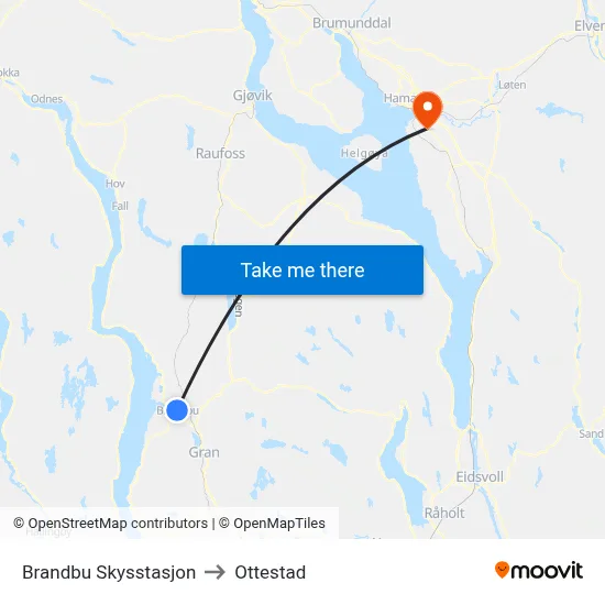 Brandbu Skysstasjon to Ottestad map