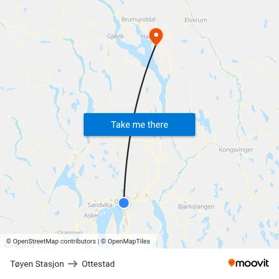 Tøyen Stasjon to Ottestad map