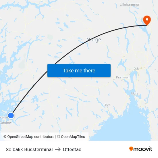 Solbakk Bussterminal to Ottestad map