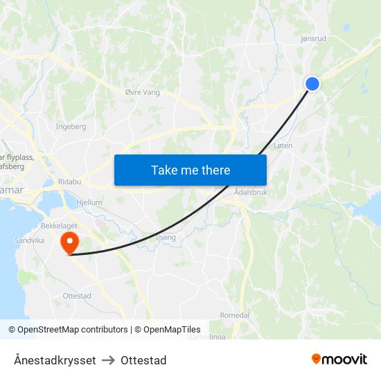 Ånestadkrysset to Ottestad map