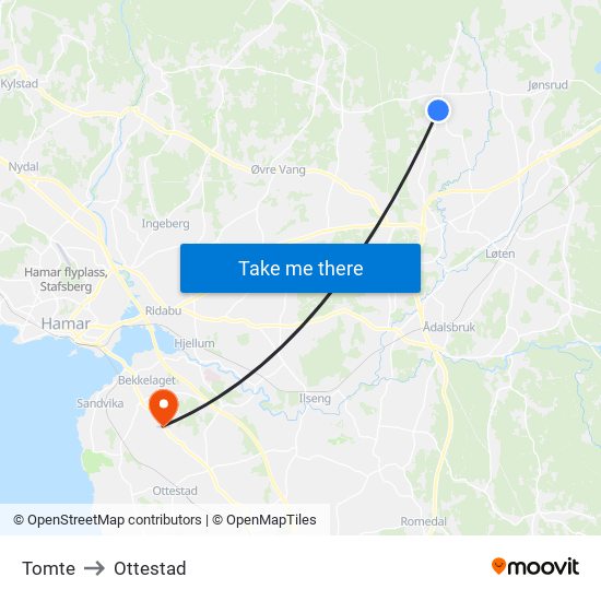 Tomte to Ottestad map