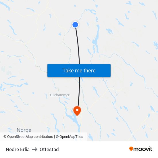 Nedre Erlia to Ottestad map