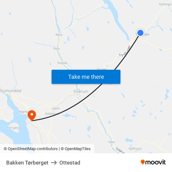 Bakken Tørberget to Ottestad map