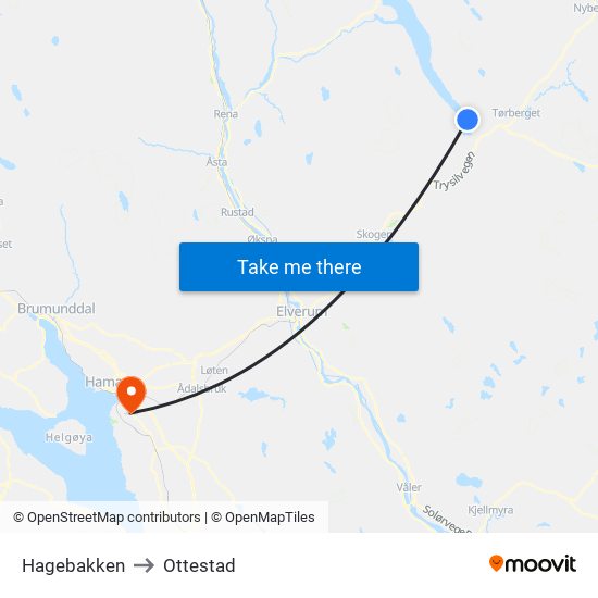 Hagebakken to Ottestad map