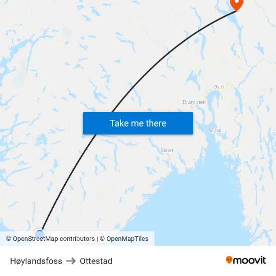 Høylandsfoss to Ottestad map