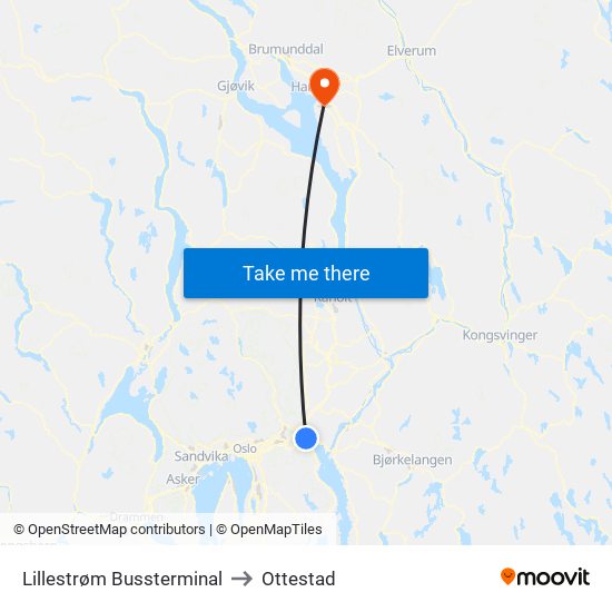 Lillestrøm Bussterminal to Ottestad map