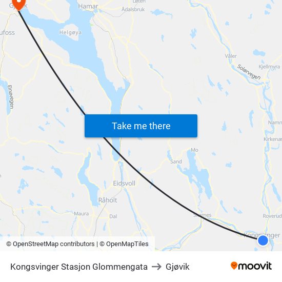 Kongsvinger Stasjon Glommengata to Gjøvik map