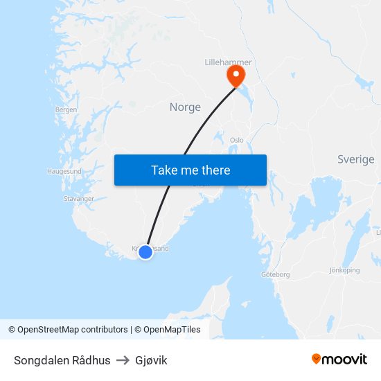 Songdalen Rådhus to Gjøvik map