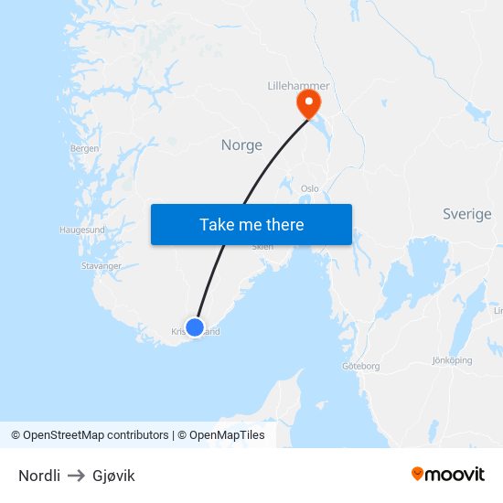 Nordli to Gjøvik map