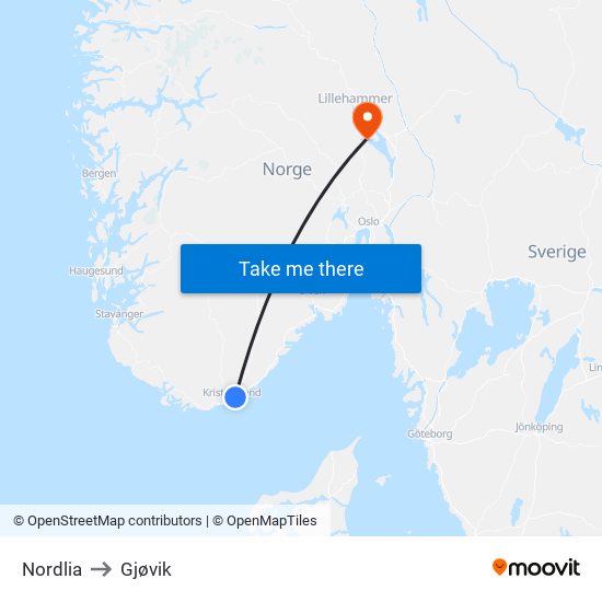 Nordlia to Gjøvik map