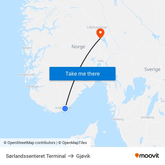 Sørlandssenteret Terminal to Gjøvik map