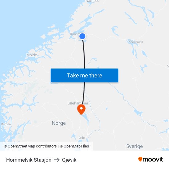 Hommelvik Stasjon to Gjøvik map