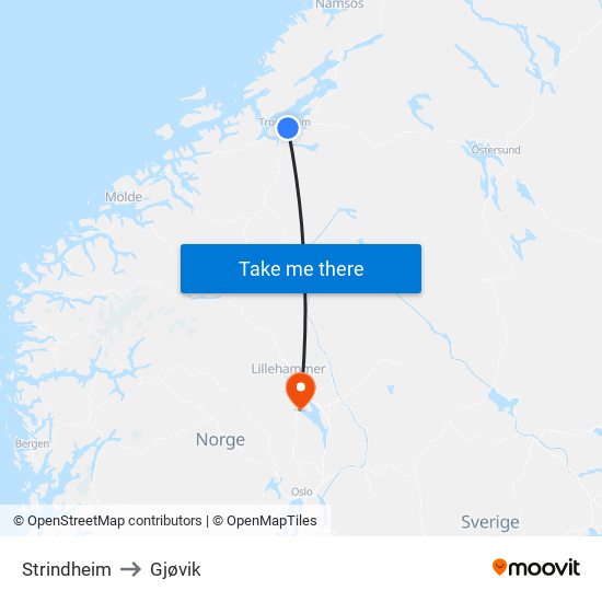 Strindheim to Gjøvik map