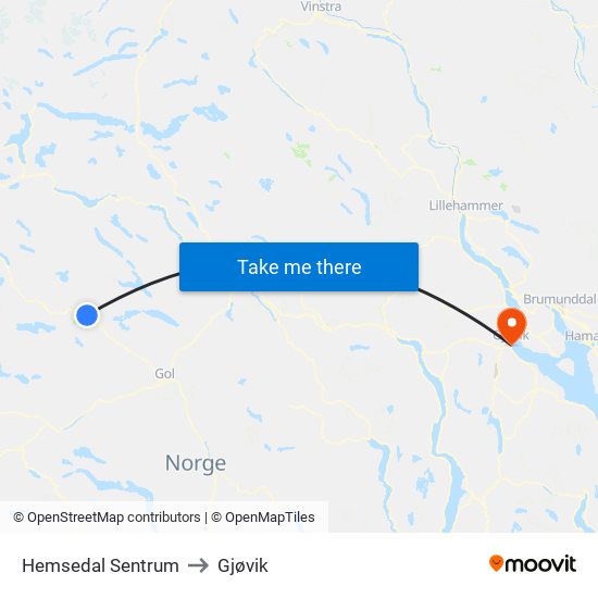 Hemsedal Sentrum to Gjøvik map