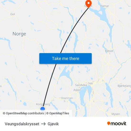 Veungsdalskrysset to Gjøvik map