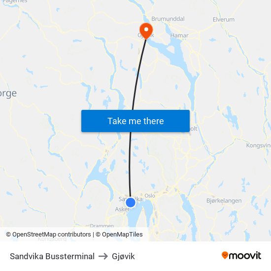 Sandvika Bussterminal to Gjøvik map