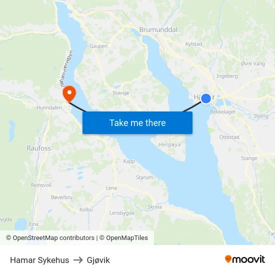 Hamar Sykehus to Gjøvik map