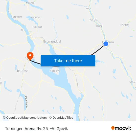 Terningen Arena Rv. 25 to Gjøvik map